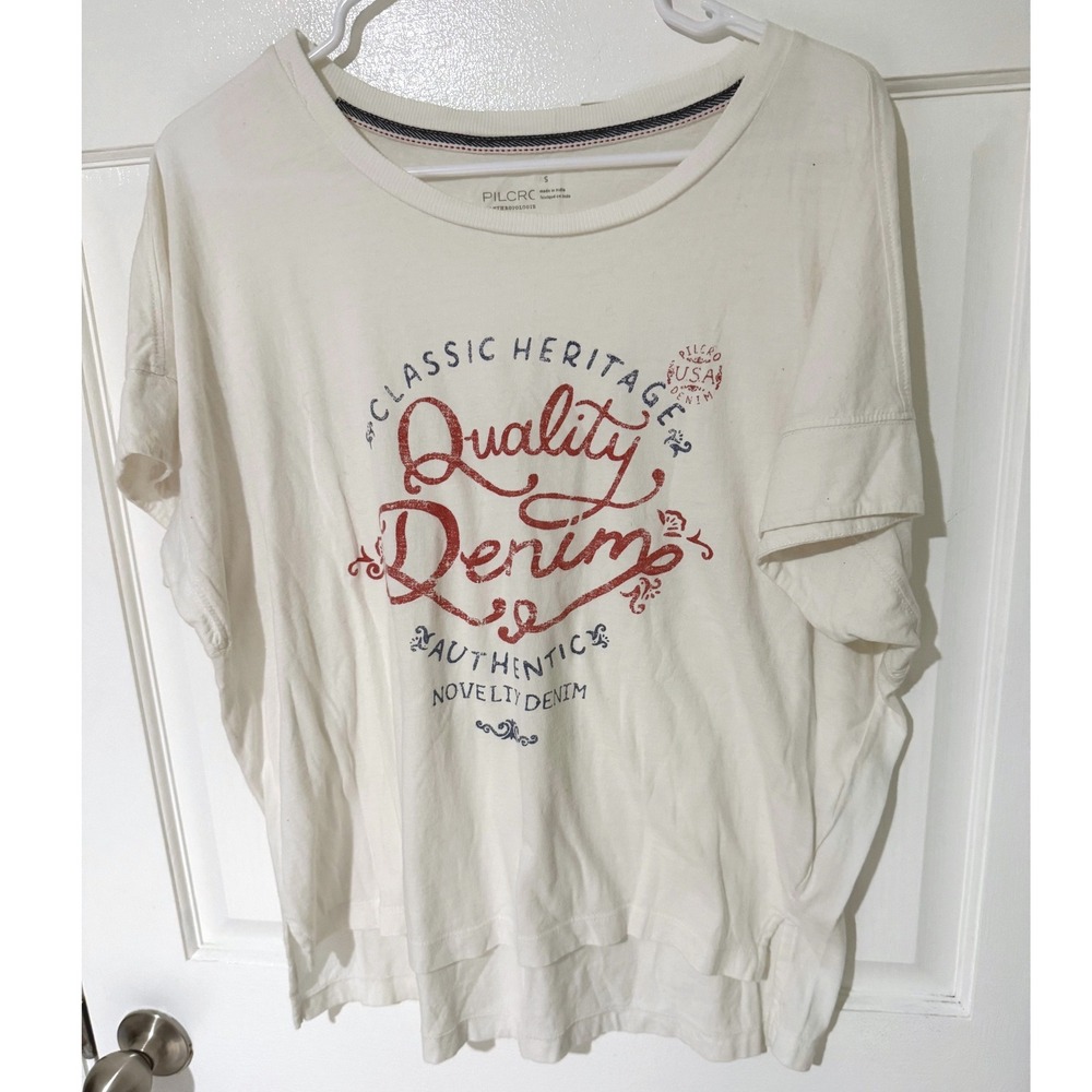 Pilcro Anthropologie Quality Denim Graphic Tee Cream Oversized Pleated Back S